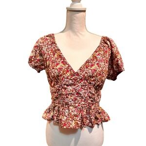 Sim & Sam‎ Brown Floral Ruched Peplum Top Open Back Tie Short Sleeve Size XL
